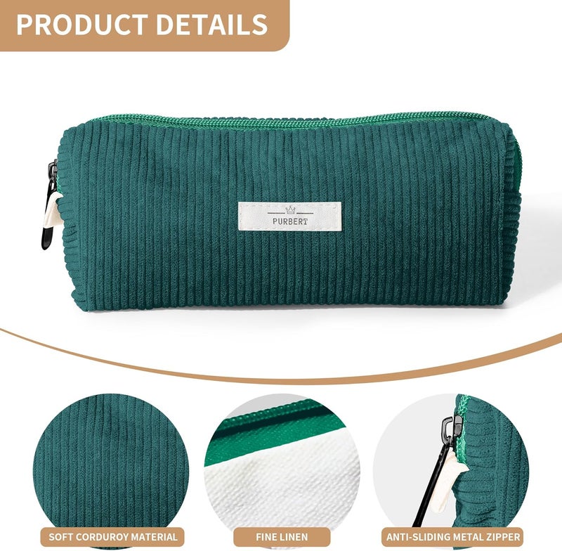 Purbert Pencil Bag Pen Case, Soft Corduroy Small Pencil Pouch Organizer with Zipper, Cute Pencil Case Pouch Stationery for Girls and Boys – Dark Green - Image 4